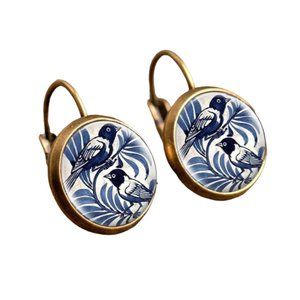 Glass Covered Blue-Inked Bird Scene Earrings NWOT